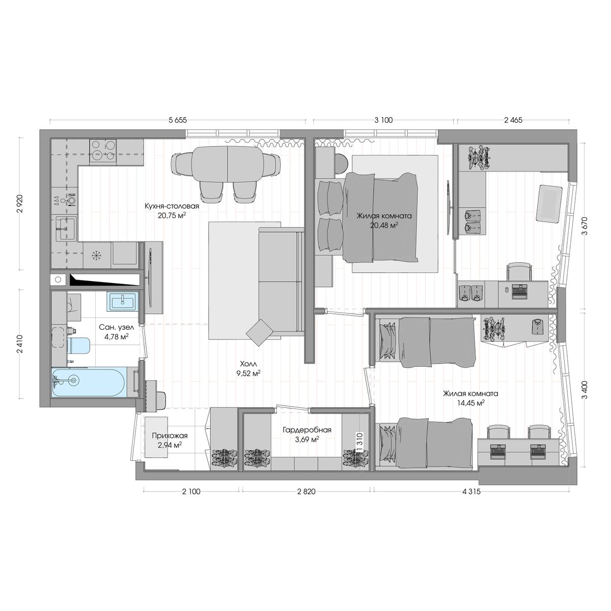 3-комнатная, 78.5 м², № 271 в R4 (Р4)