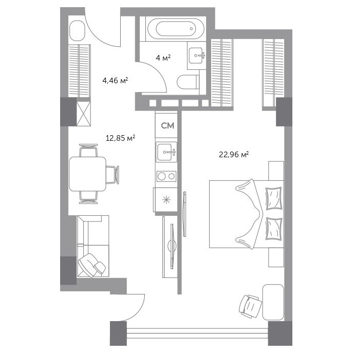 2-комнатная, 45.6 м², № 107 в Фьорд