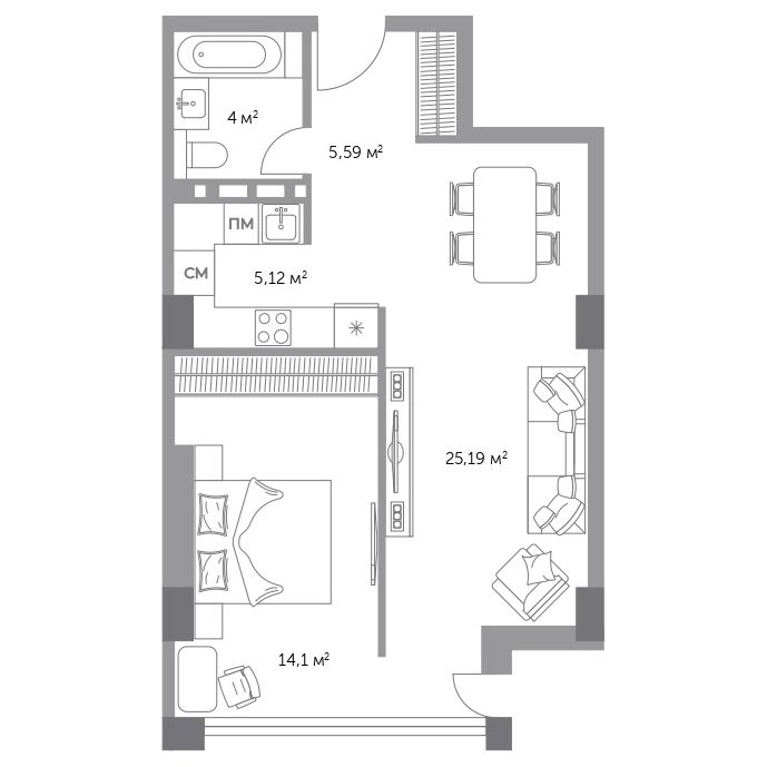 2-комнатная, 54.6 м², № 49 в Фьорд