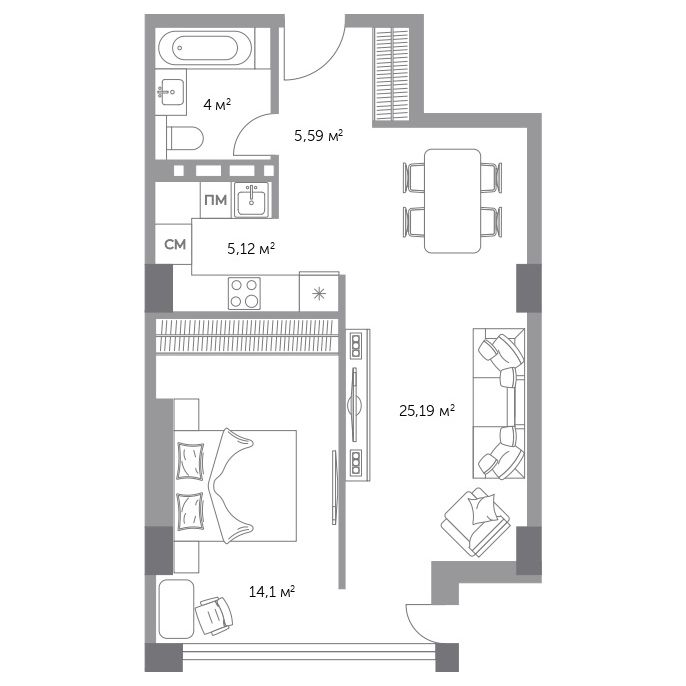 2-комнатная, 55.1 м², № 75 в Фьорд
