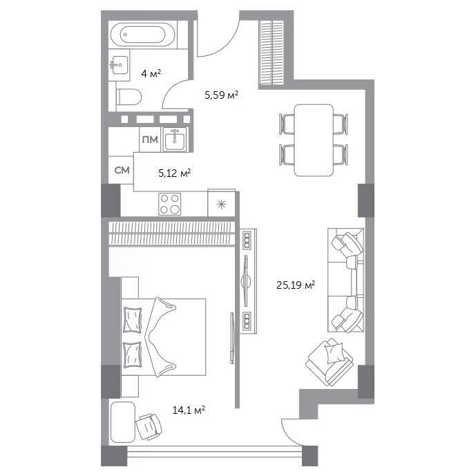 2-комнатная, 55 м², № 62 в Фьорд