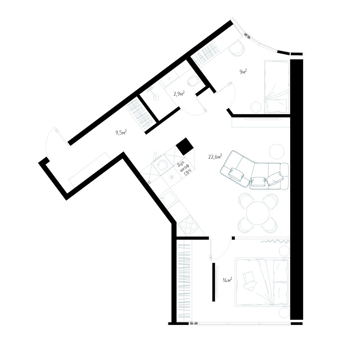 3-комнатная, 60.9 м², № 3 в Миллениум