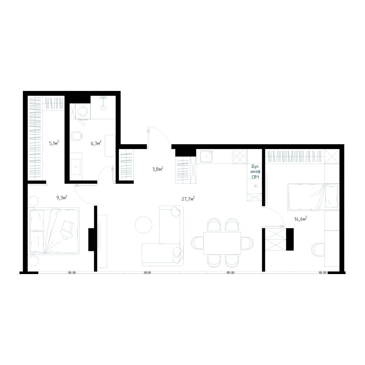 3-комнатная, 73.3 м², № 5 в Миллениум