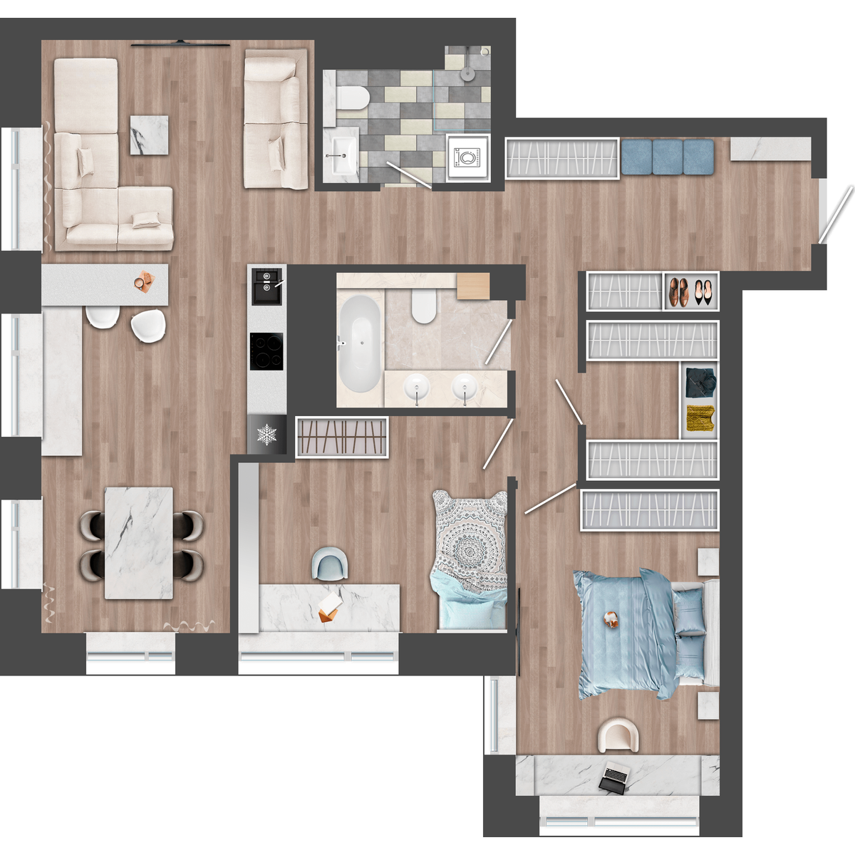 3-комнатная, 90.5 м², № 13 в Сады Маковского