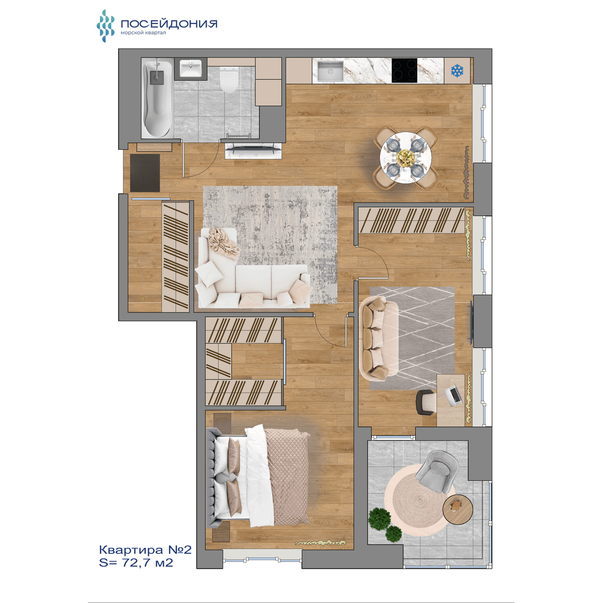 3-комнатная, 69.6 м², № 4 в Посейдония