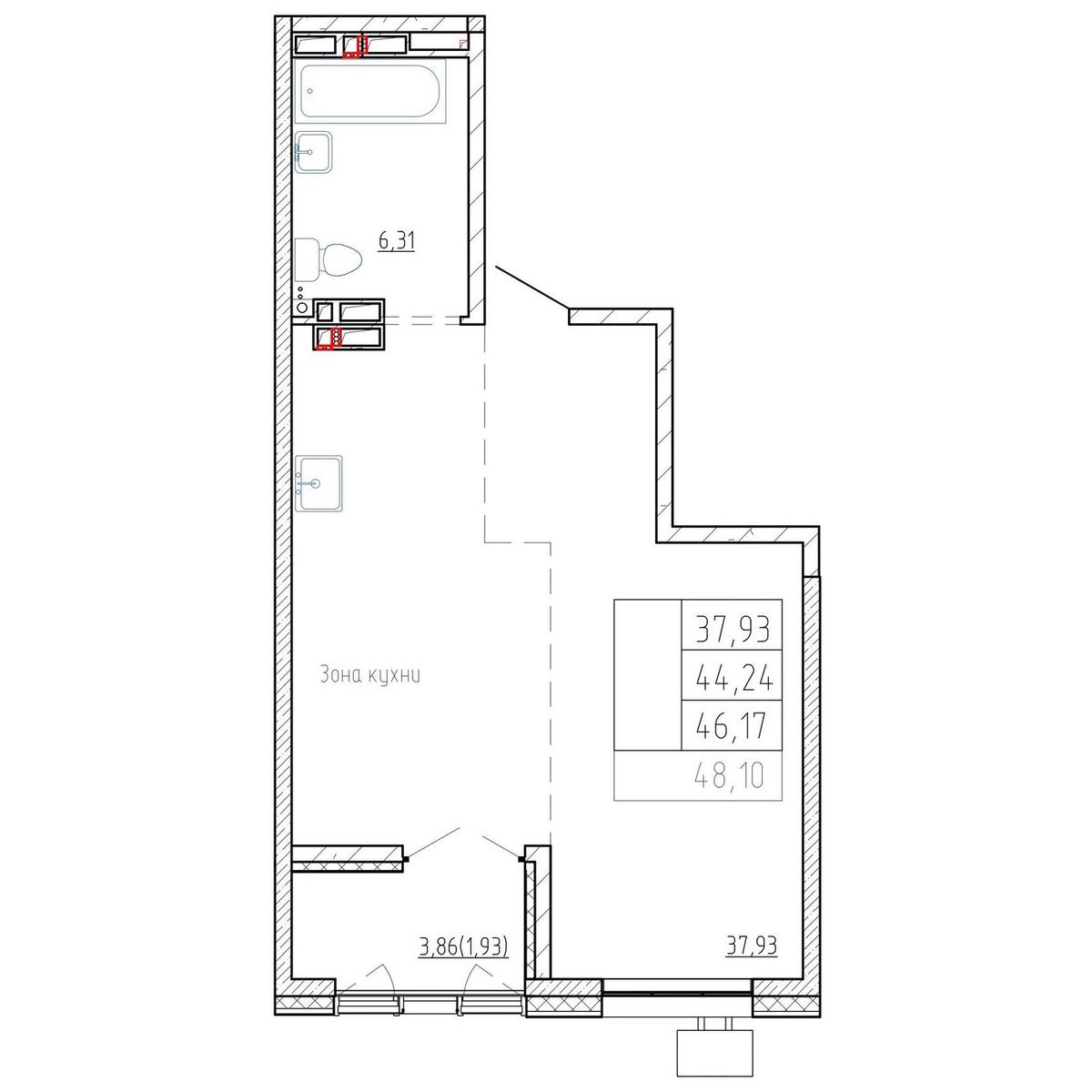 1-комнатная, 44.6 м², № 45 в Посейдония