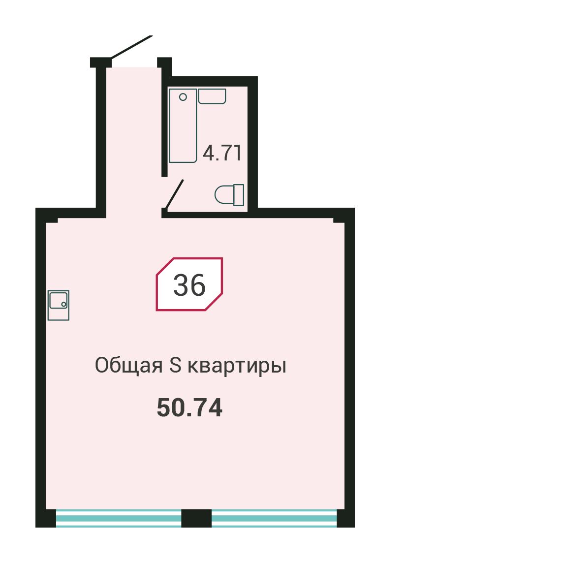 1-комнатная, 50.6 м², № 36 в Четыре Горизонта