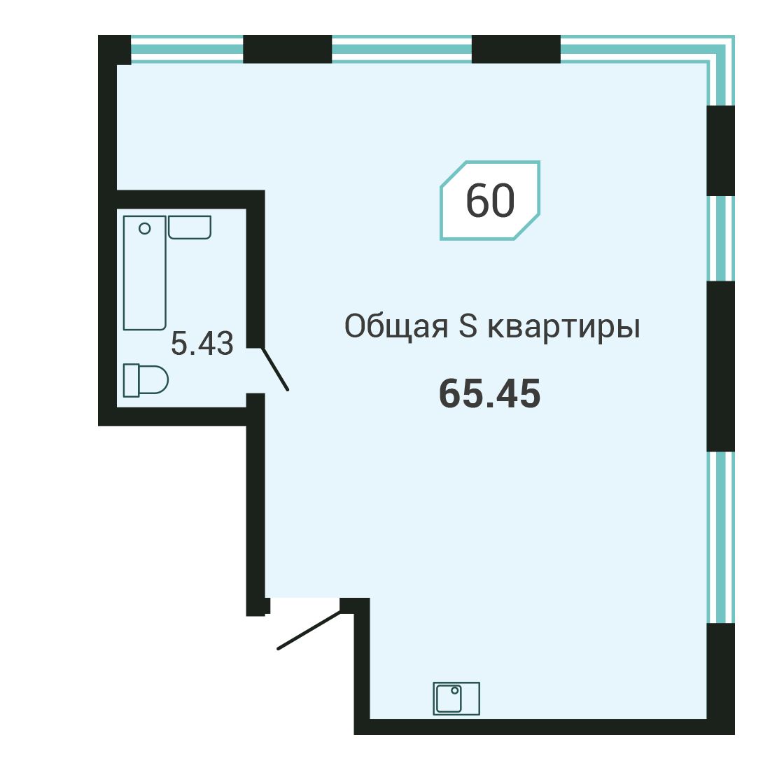 2-комнатная, 65.4 м², № 60 в Четыре Горизонта