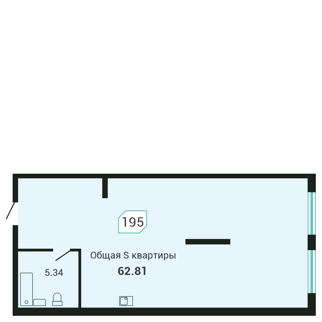 1-комнатная, 62.5 м², № 195 в Четыре Горизонта