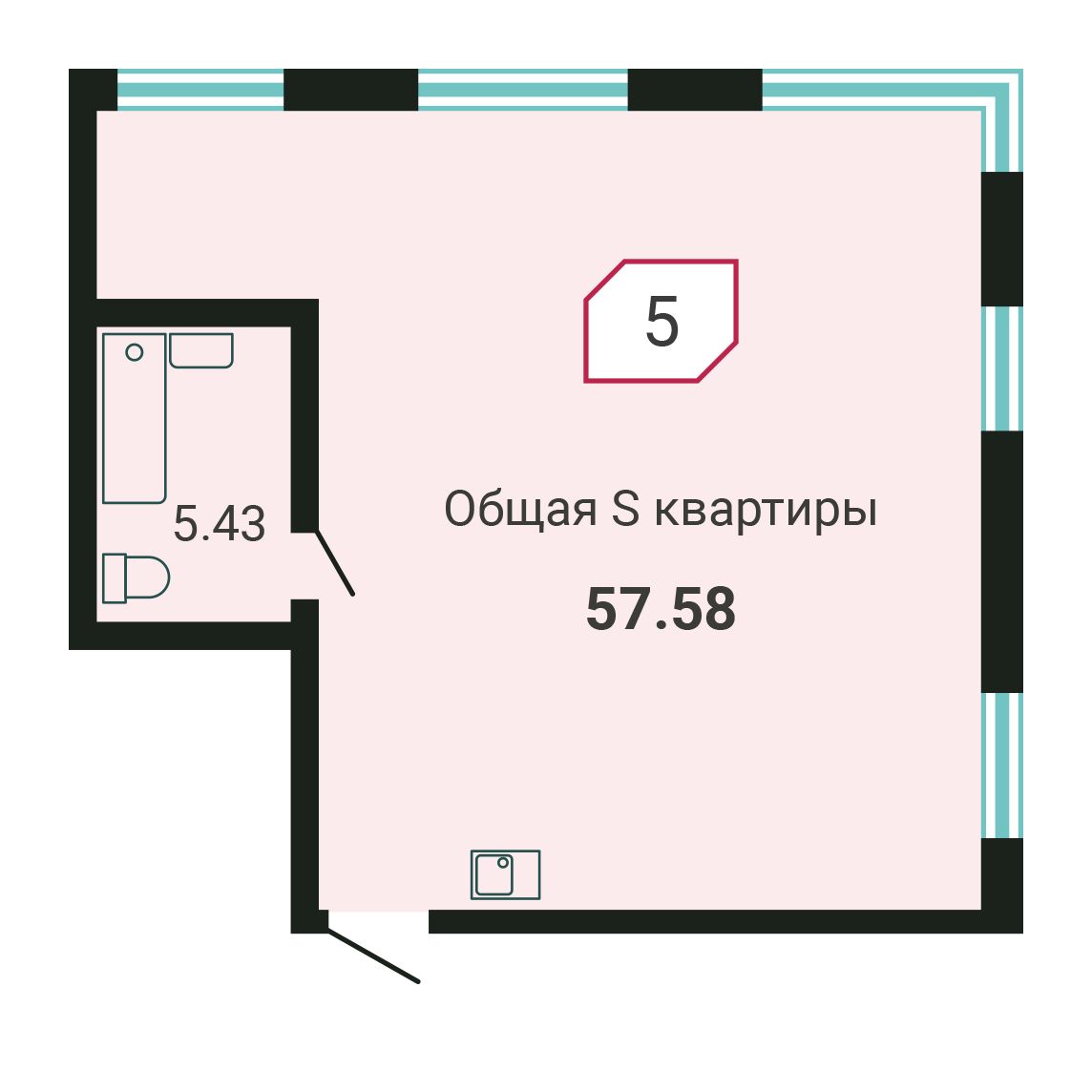 2-комнатная, 57.5 м², № 5 в Четыре Горизонта