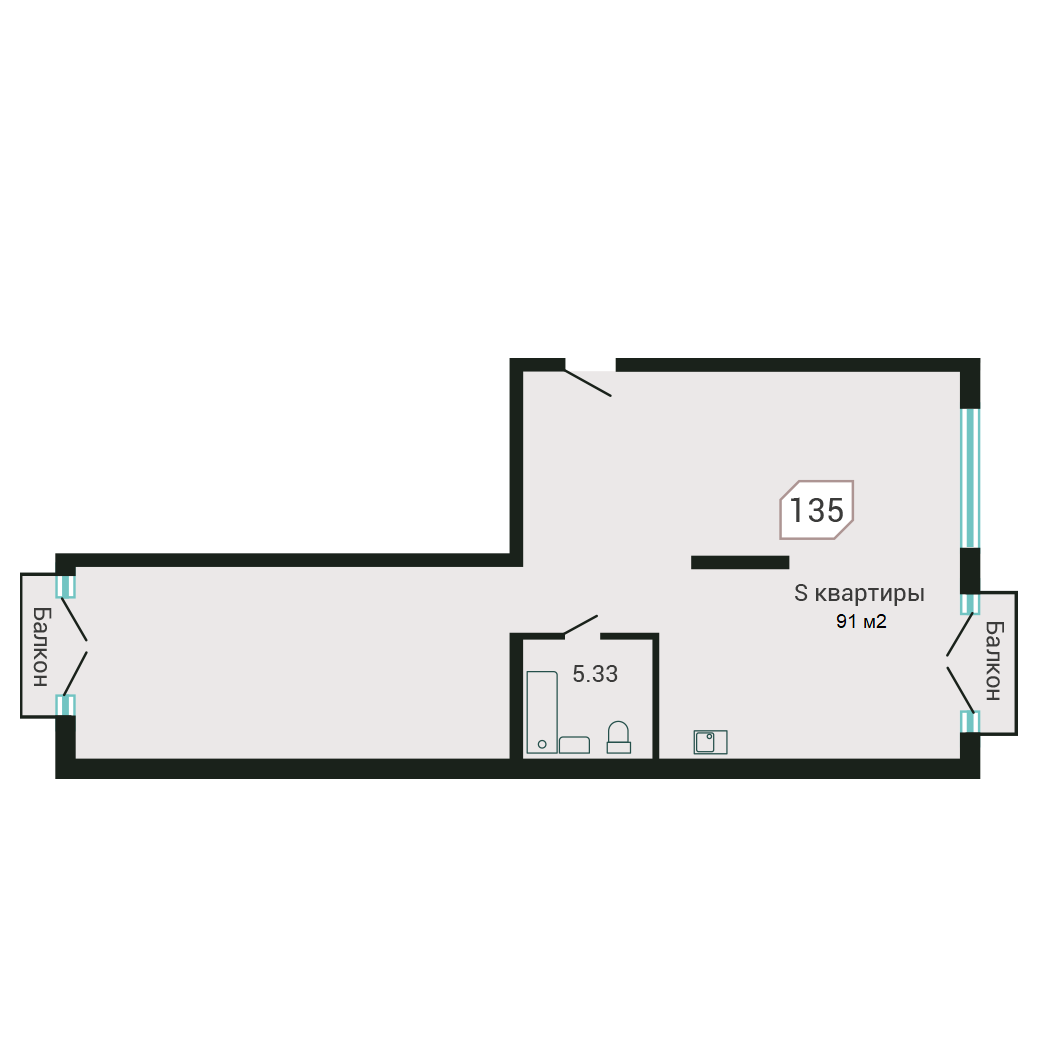 3-комнатная, 90.7 м², № 135 в Четыре Горизонта