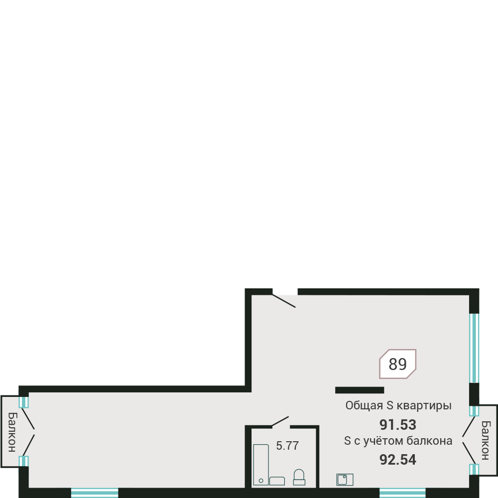 3-комнатная, 90.8 м², № 89 в Четыре Горизонта