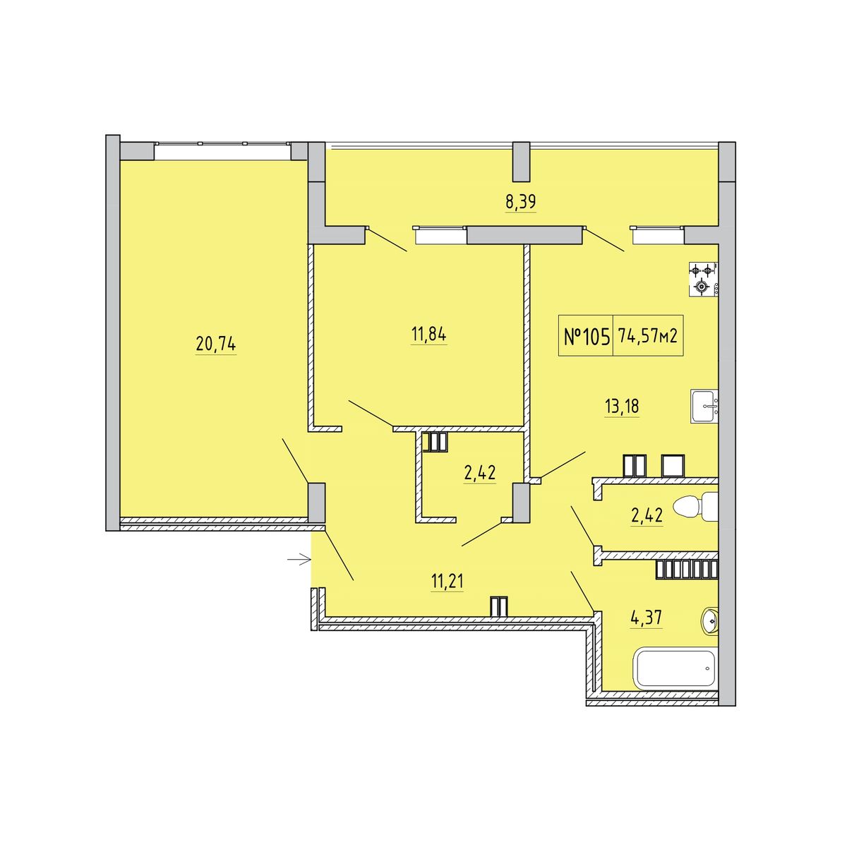 2-к, 70.34 м² · Гриновский