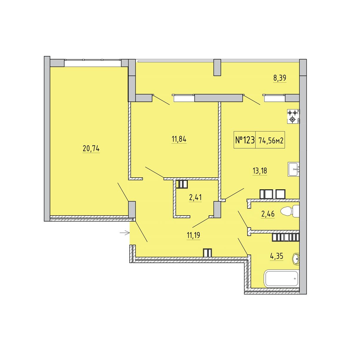 2-к, 70.38 м² · Гриновский