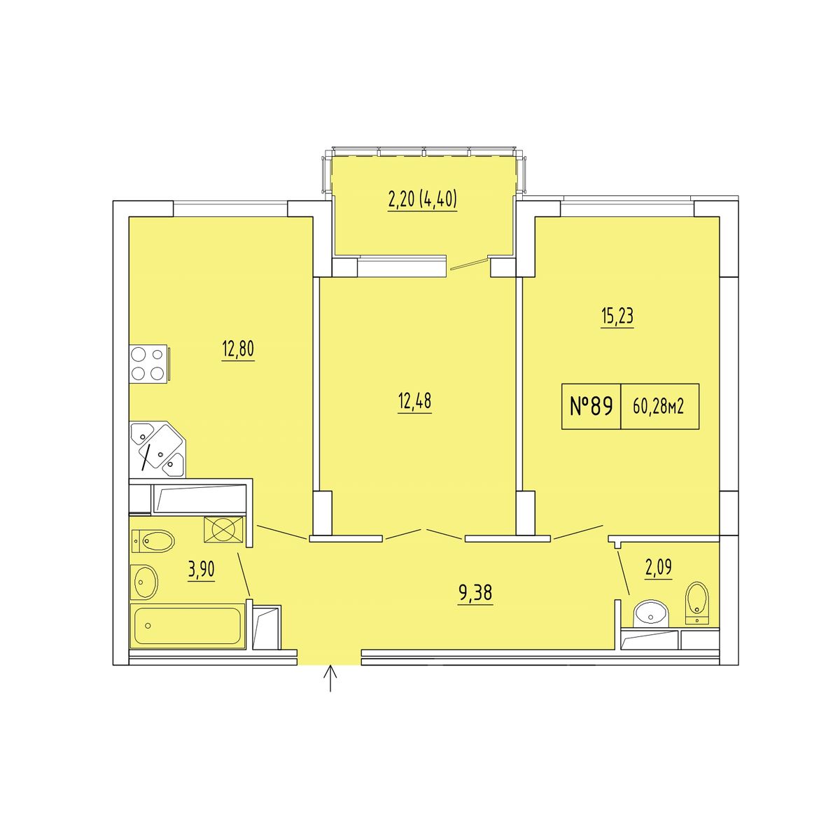 2-к, 58.08 м² · Гриновский