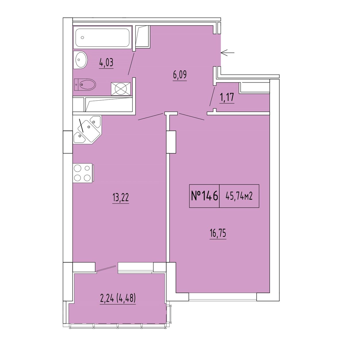 1-к, 43.5 м² · Гриновский