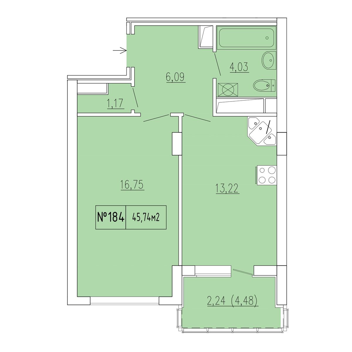 1-к, 43.5 м² · Гриновский