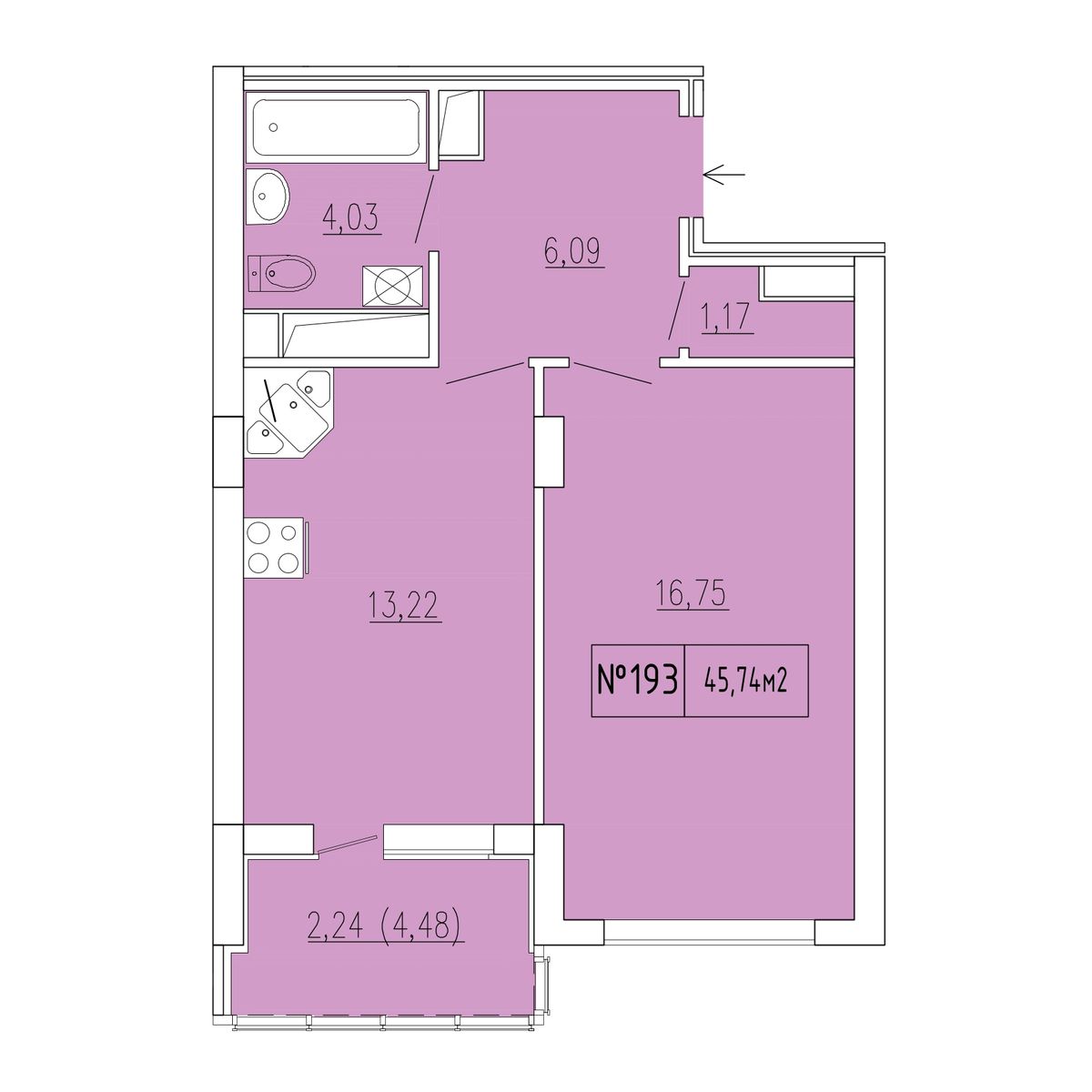 1-к, 43.5 м² · Гриновский