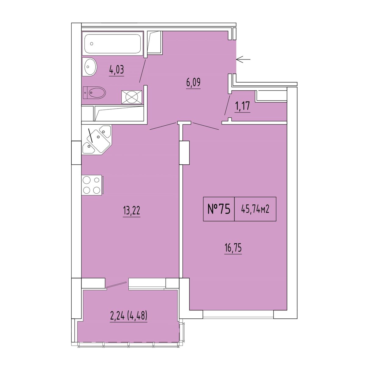 1-к, 43.5 м² · Гриновский