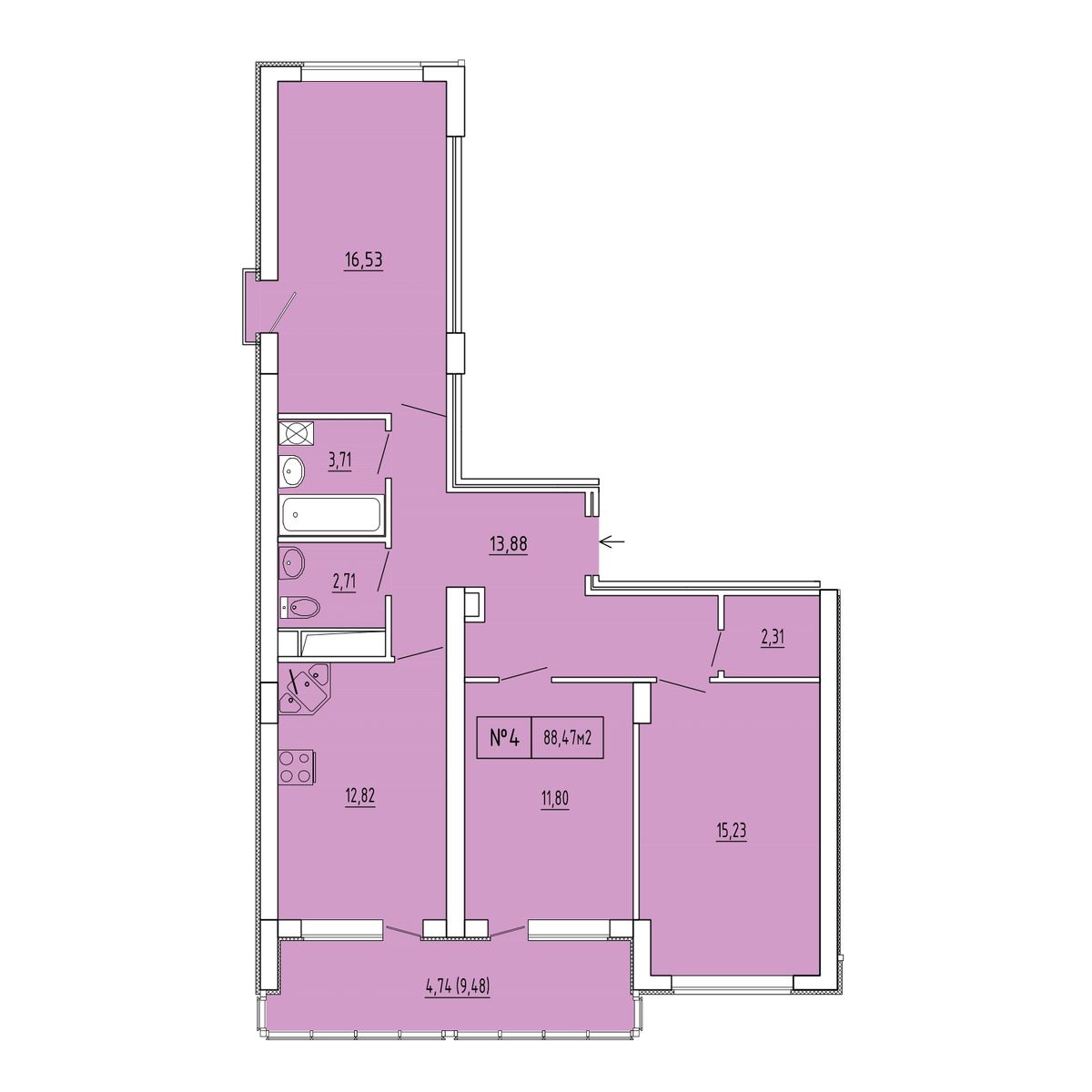 3-к, 83.73 м² · Гриновский