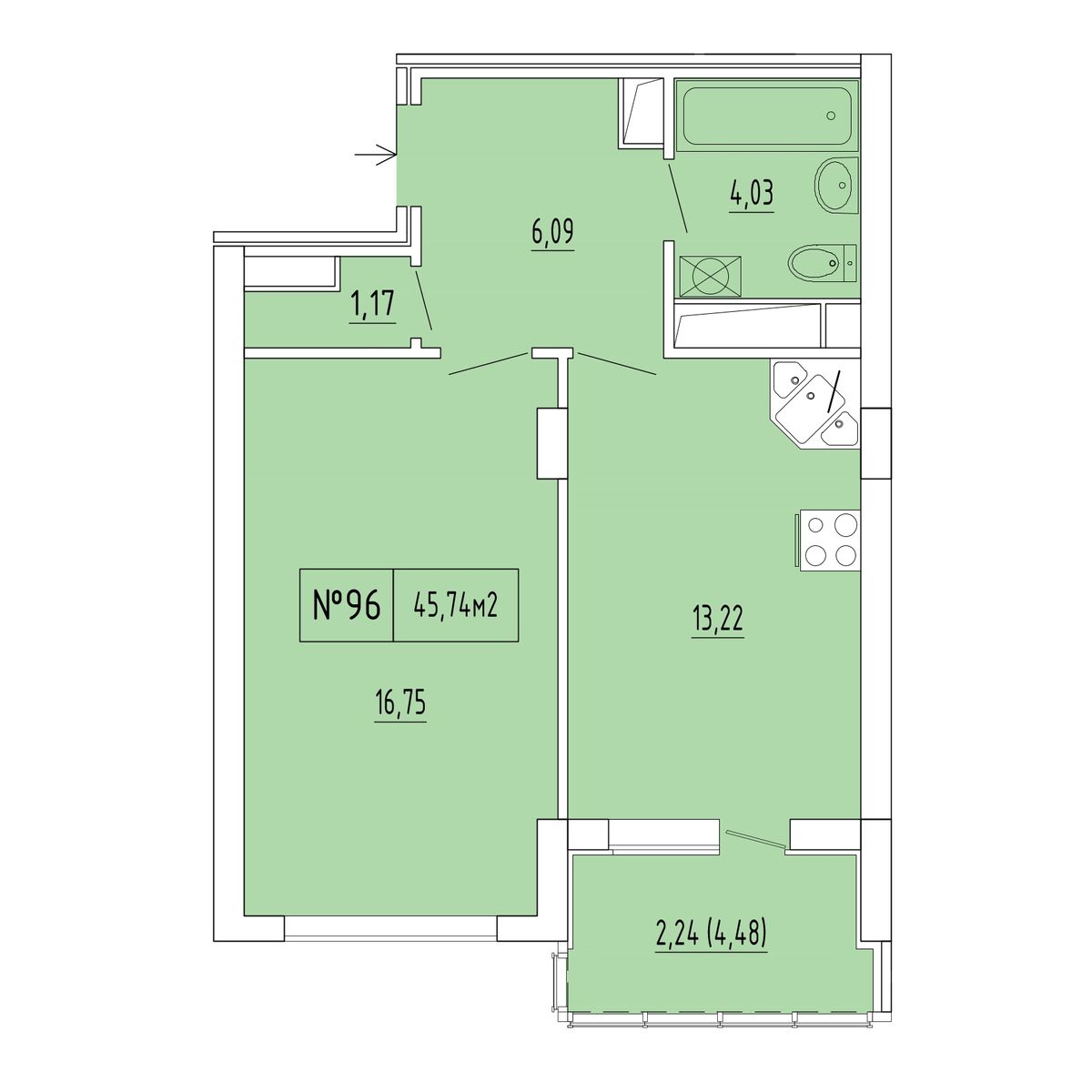 1-к, 43.5 м² · Гриновский