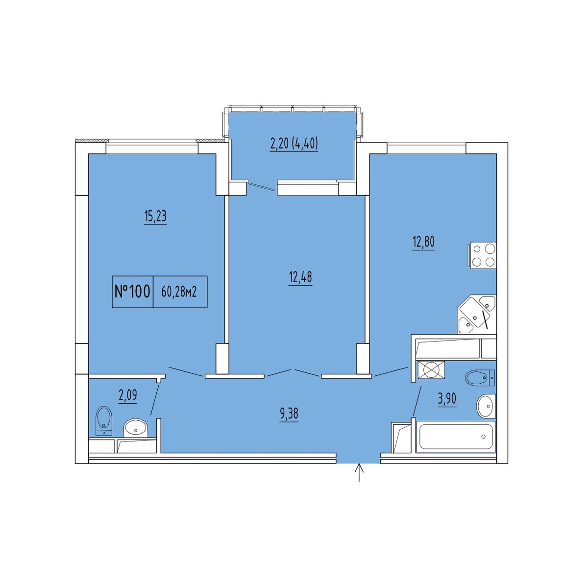 2-к, 58.08 м² · Гриновский