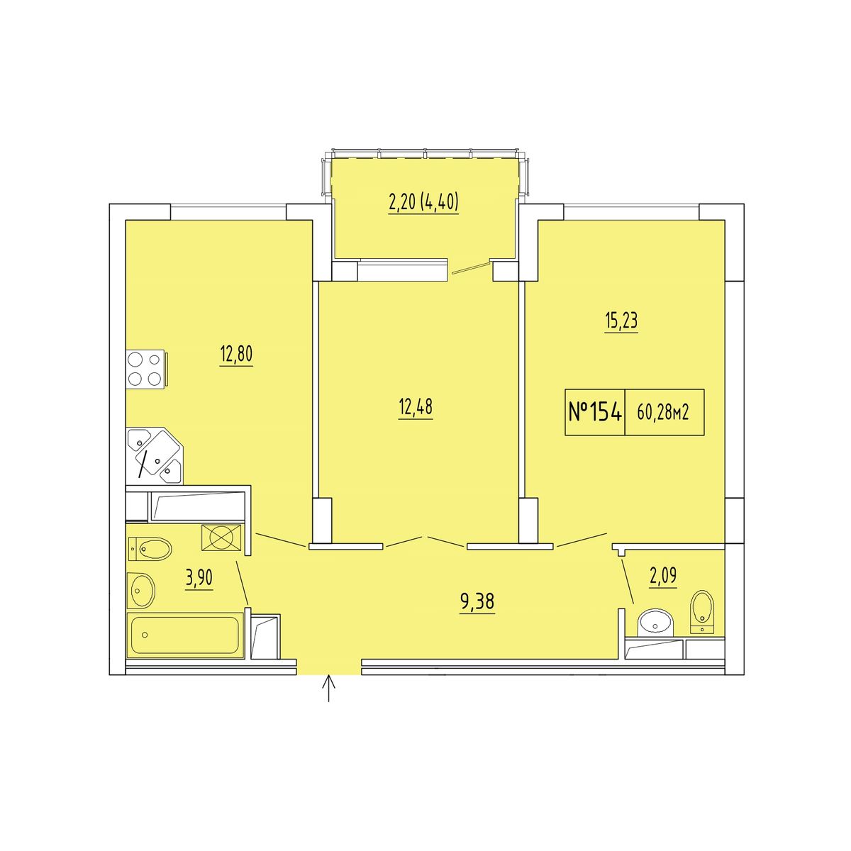 2-к, 58.08 м² · Гриновский