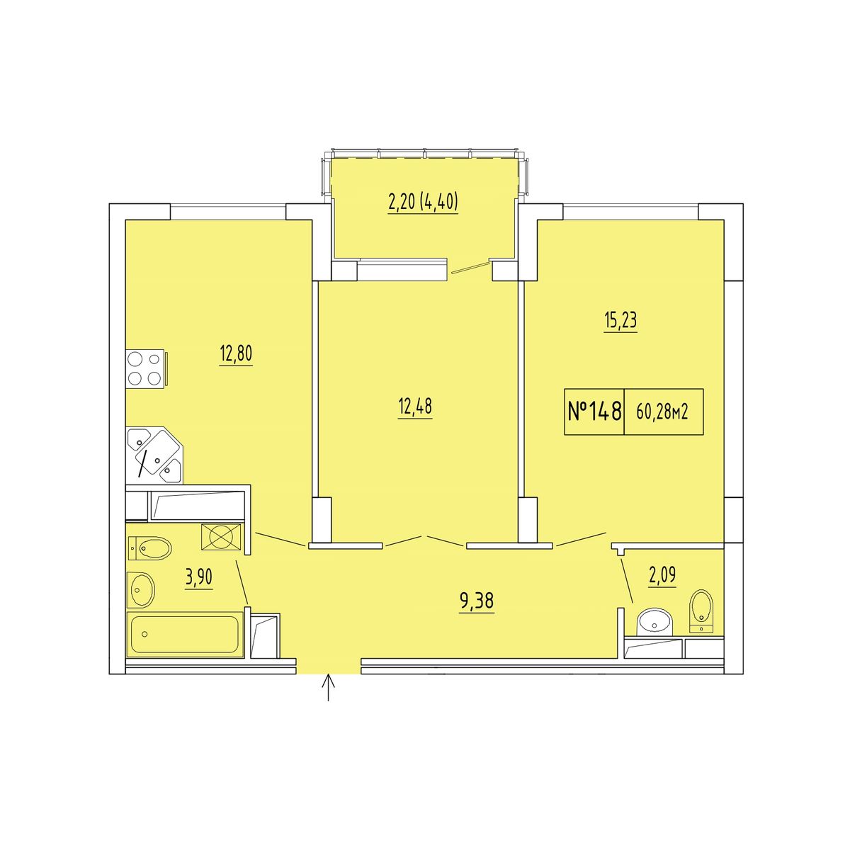 2-к, 58.08 м² · Гриновский