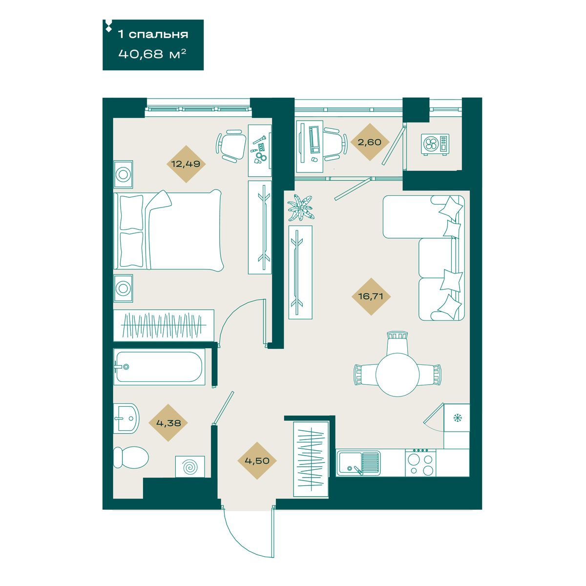 Планировка: Евродвушка 40.7 м² в ЖК Секреты, 5-й Заречный