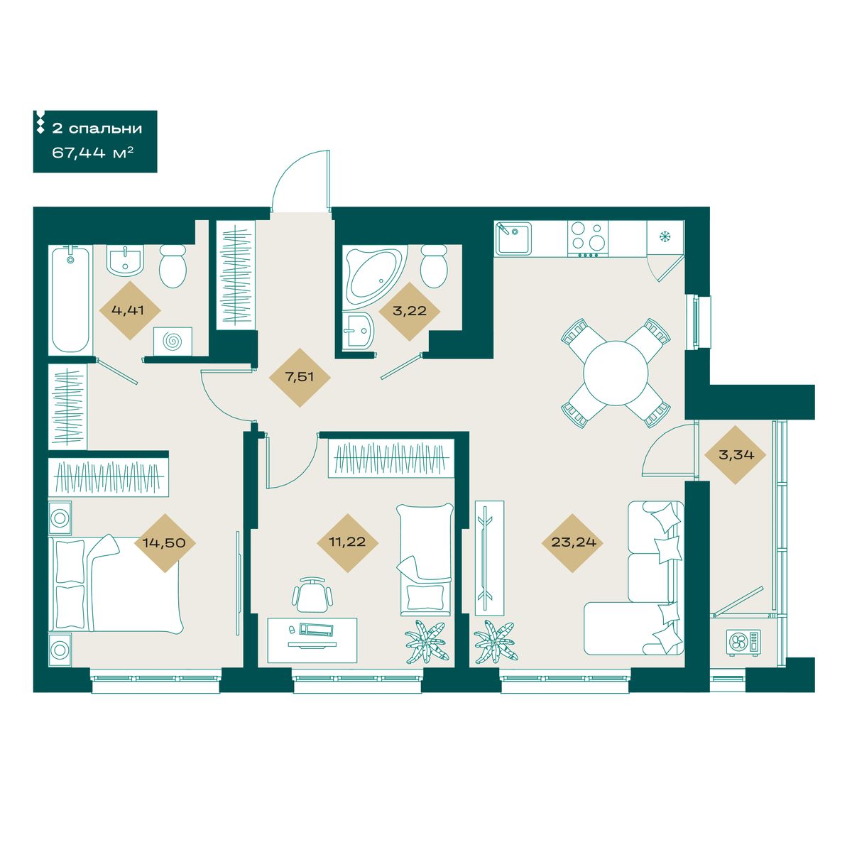 Планировка: Евротрешка 67.4 м² в ЖК Секреты, 5-й Заречный