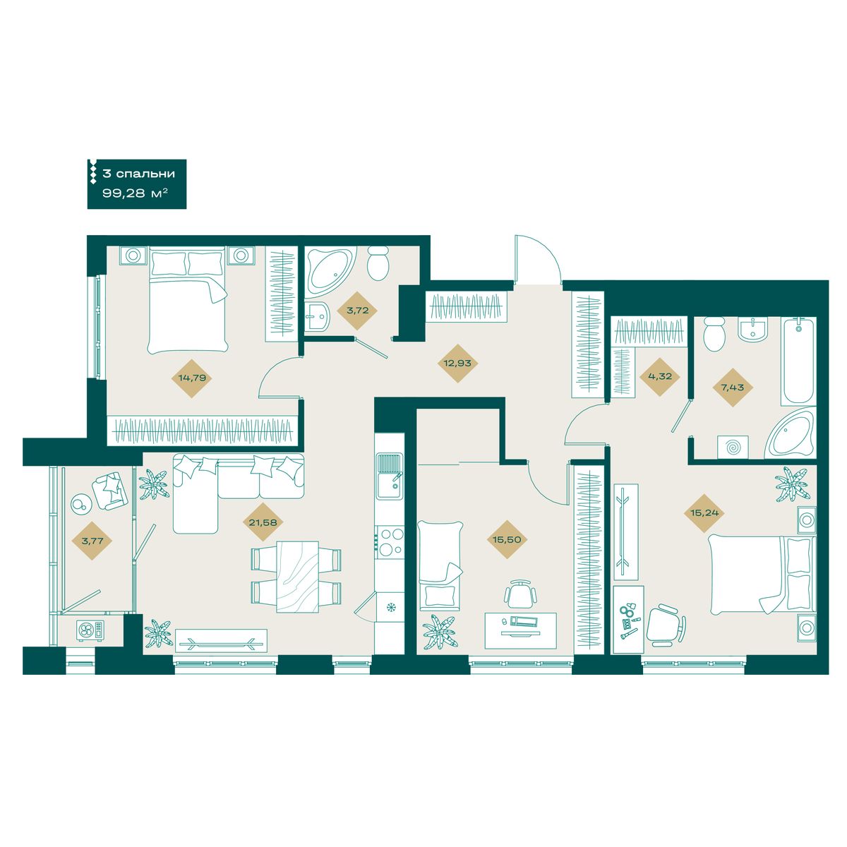 Планировка: 4-комнатная евро 99.3 м² в ЖК Секреты, 5-й Заречный