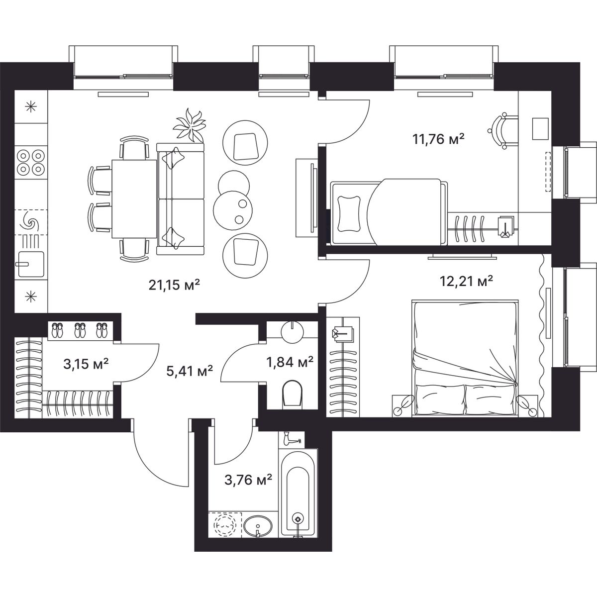 2-комнатная, 60 м2, ЖК «ГАГАРИН» 2-комнатная, 60 м2, ЖК «ГАГАРИН»