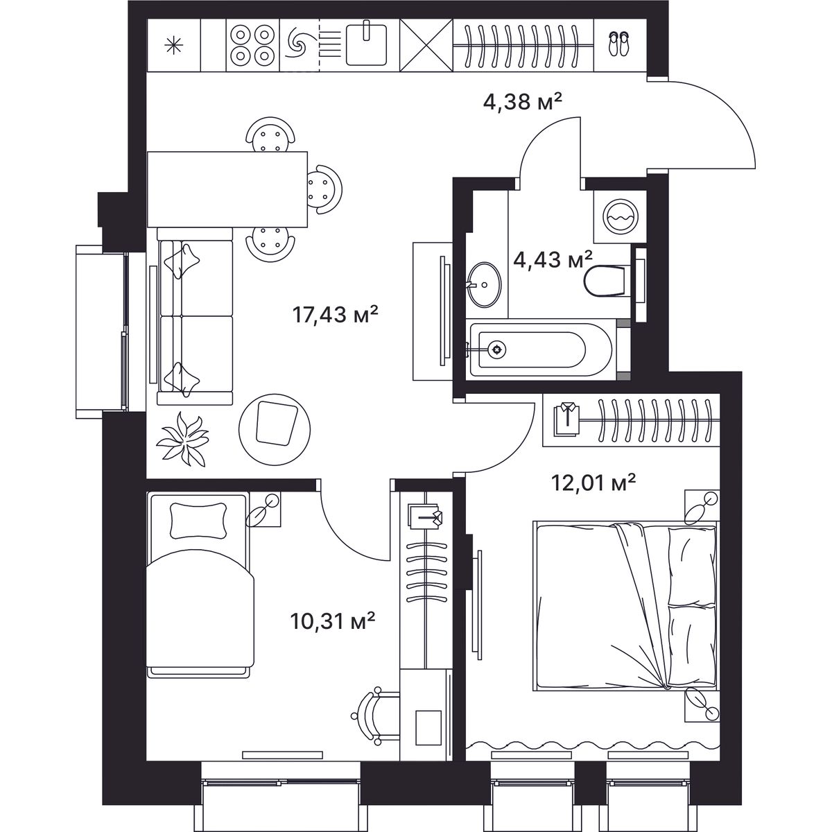 2-комнатная, 48.5 м2, ЖК «ГАГАРИН»