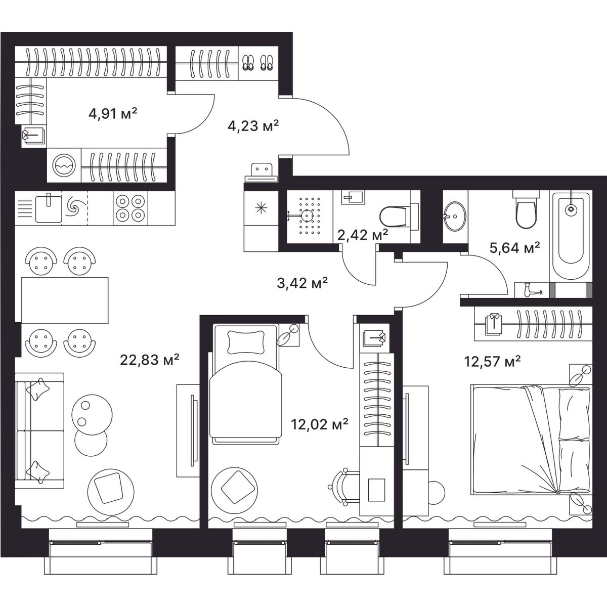 2-комнатная, 68 м2, ЖК «ГАГАРИН»
