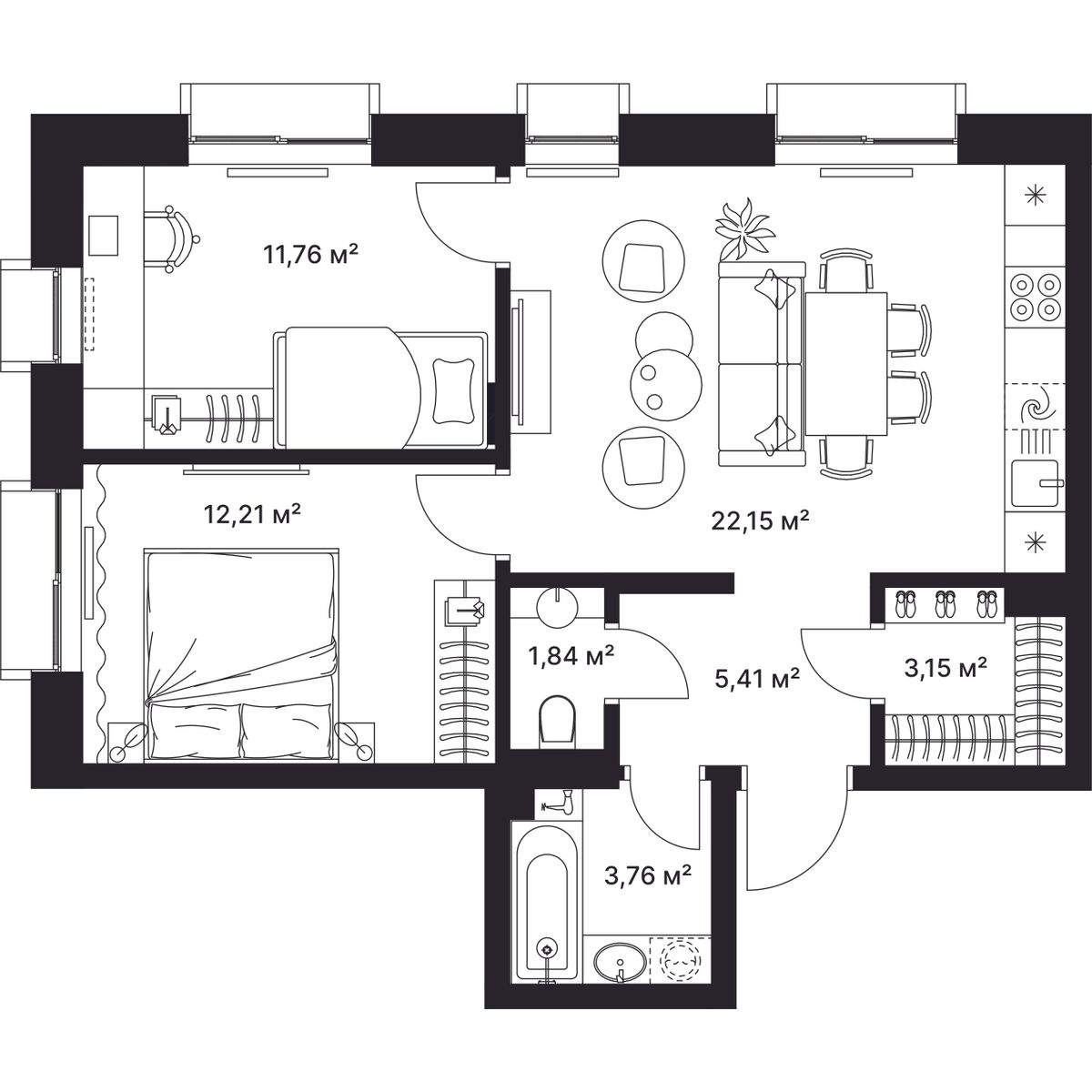 2-комнатная, 60 м2, ЖК «ГАГАРИН» 2-комнатная, 60 м2, ЖК «ГАГАРИН»