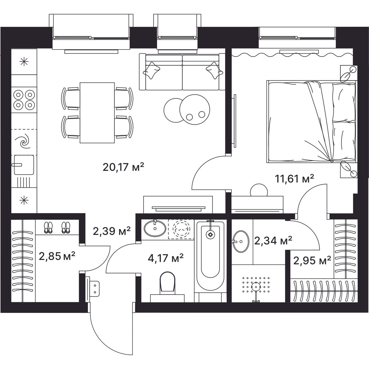 1-комнатная, 46 м2, ЖК «ГАГАРИН»