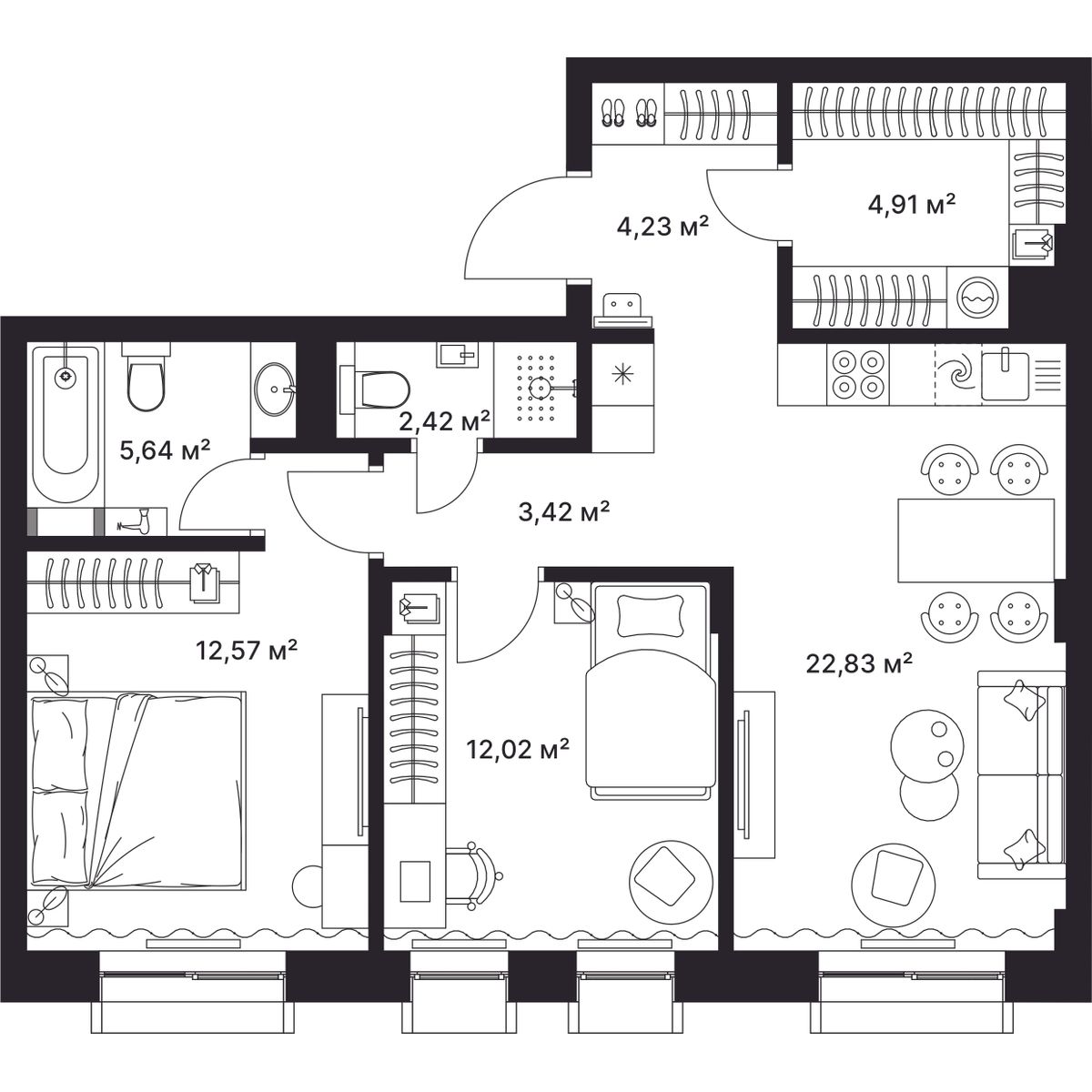 2-комнатная, 68 м2, ЖК «ГАГАРИН»