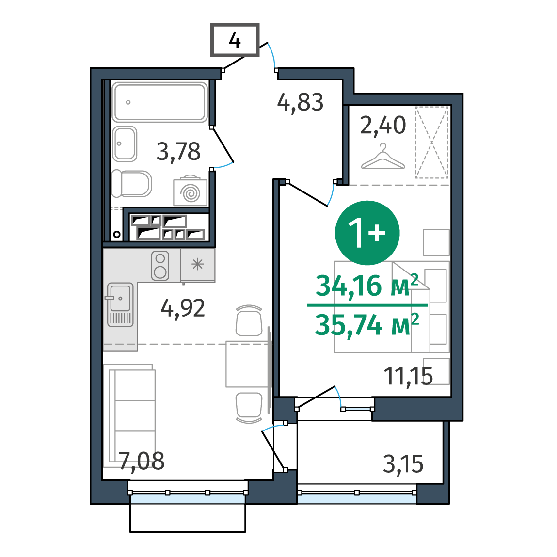 Планировка: 1-комнатная 34.2 м² в ЖК Этика, 5-й Заречный