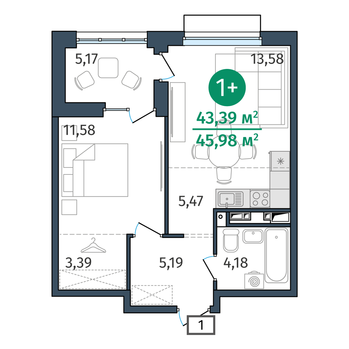 Планировка: Евродвушка 43.4 м² в ЖК Этика, 5-й Заречный