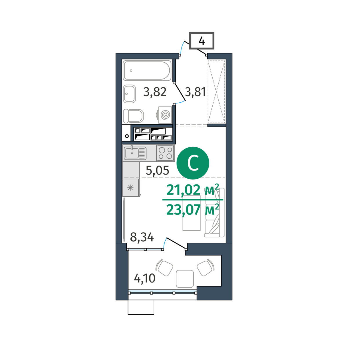 Планировка: Студия 21 м² в ЖК Этика, 5-й Заречный