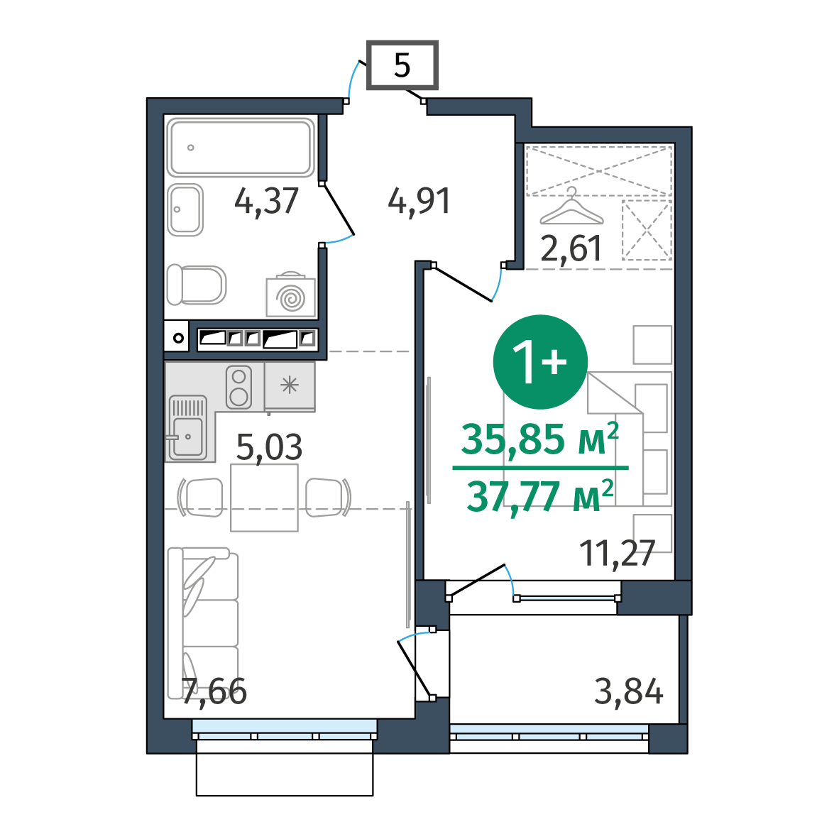 Планировка: 1-комнатная 35.9 м² в ЖК Этика, 5-й Заречный