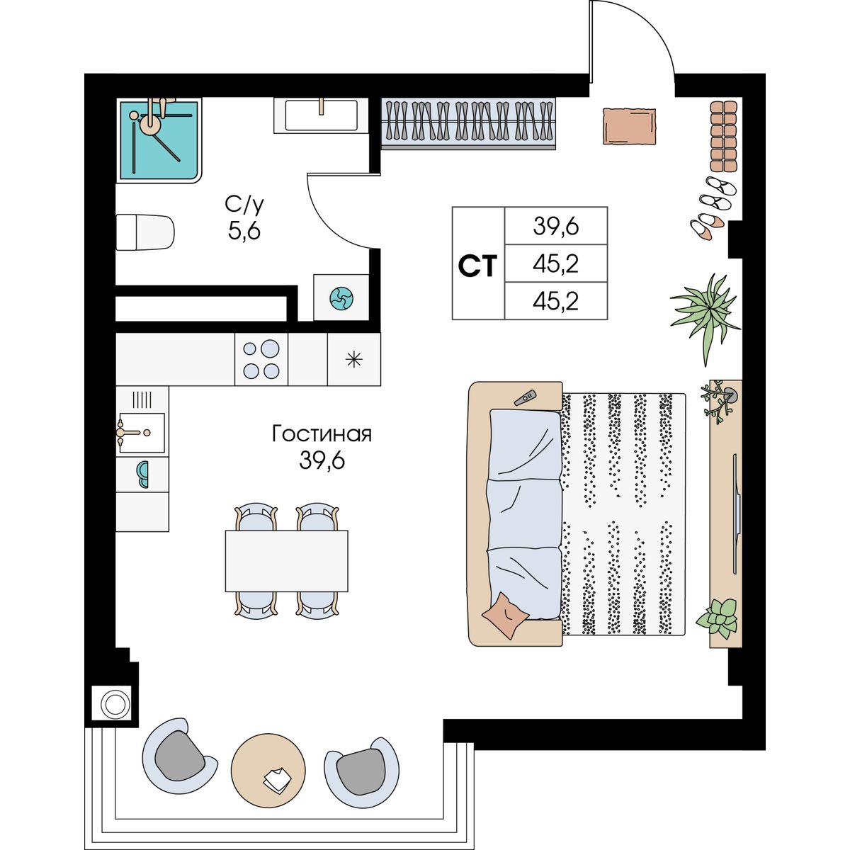 Студия, 45.2 м² · Уютный
