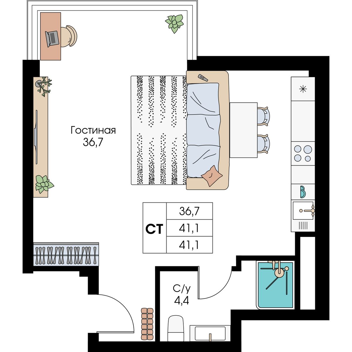 Студия, 41.1 м² · Уютный