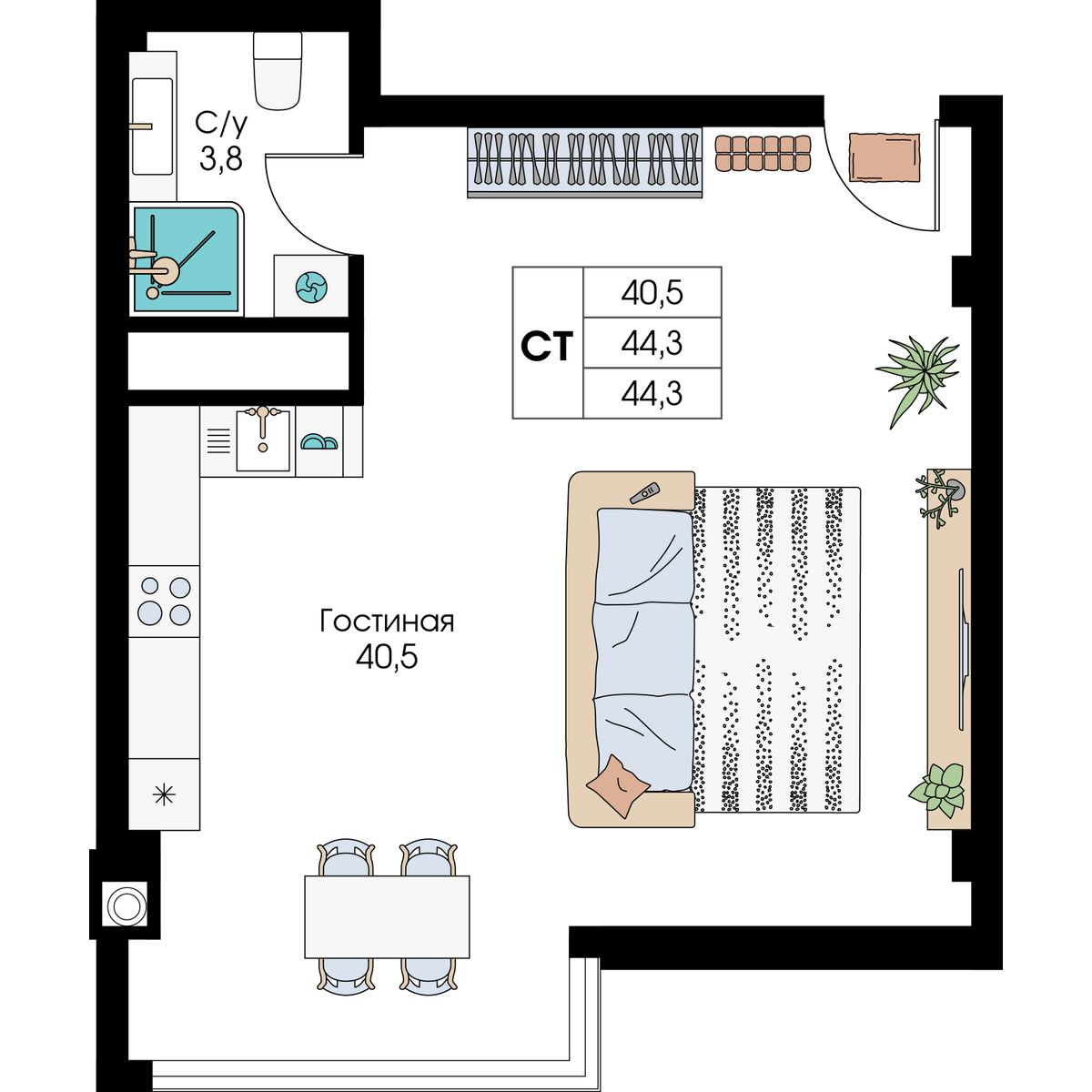 Студия, 44.3 м² · Уютный