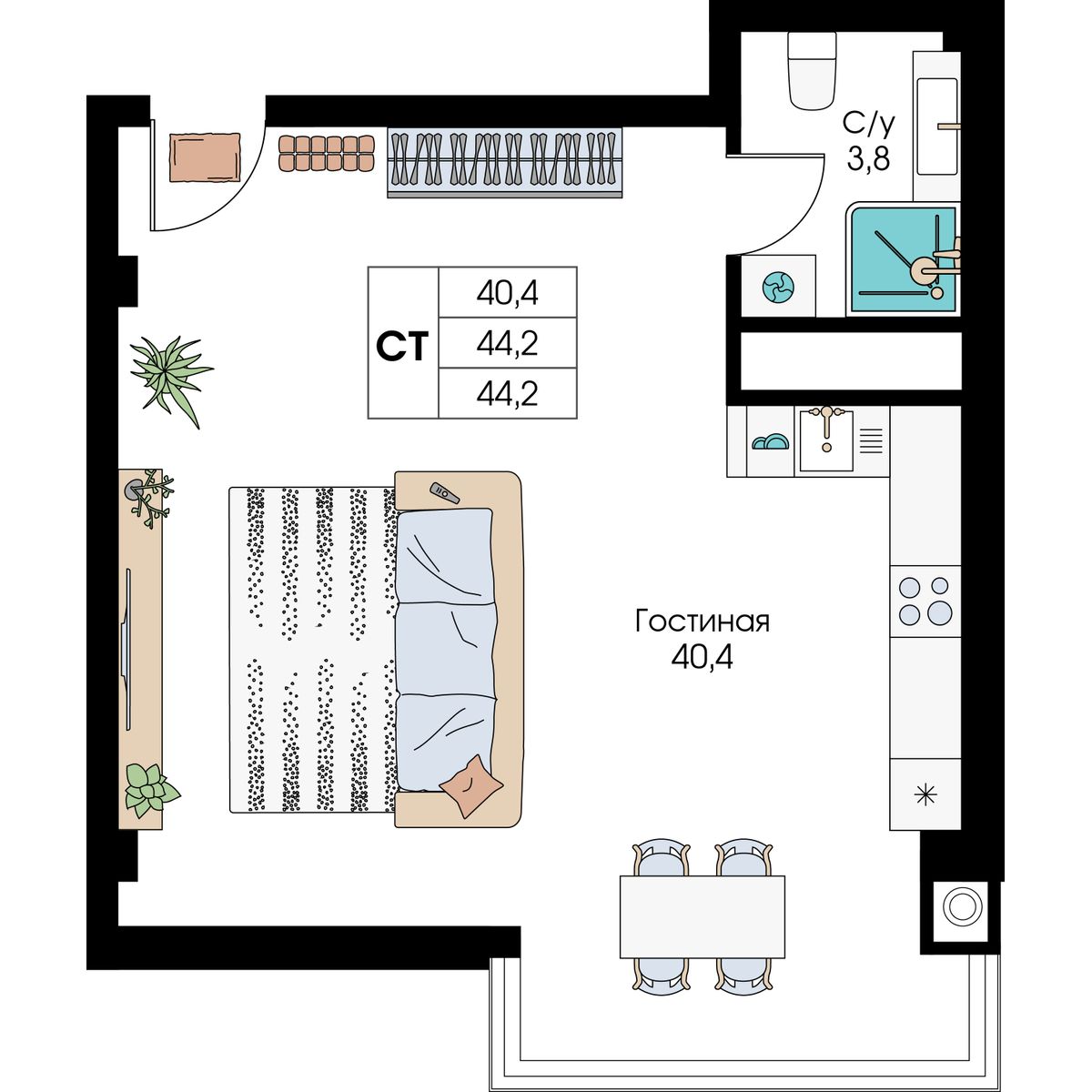 Студия, 44.2 м² · Уютный