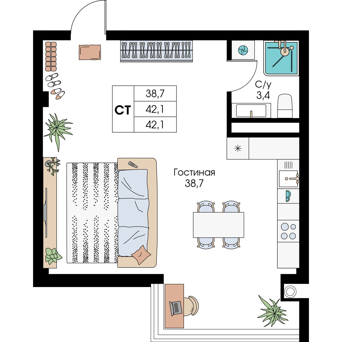 Студия, 42.1 м² · Уютный