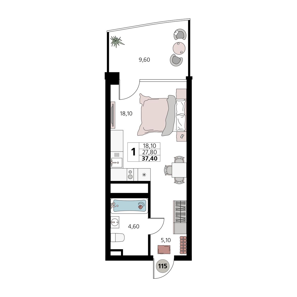 1-к, 37.4 м² · Атлантис