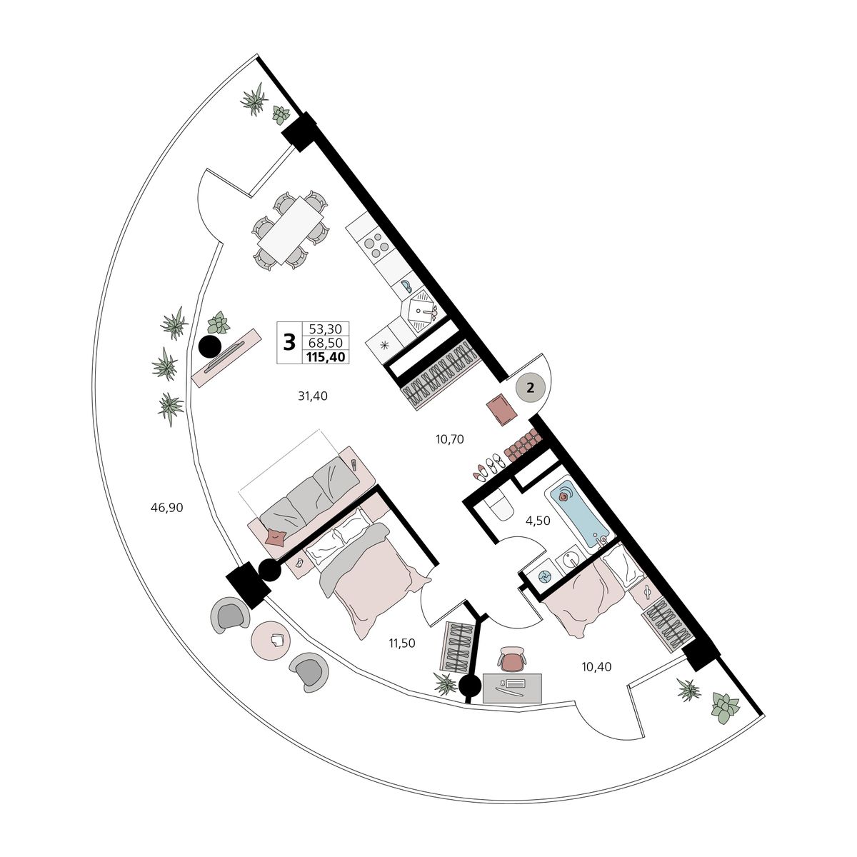 3-к, 115.4 м² · Атлантис