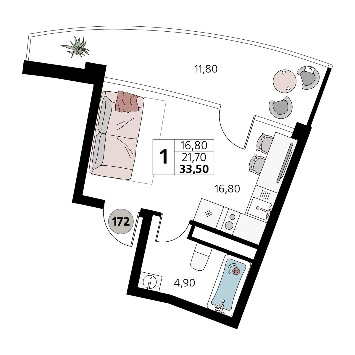 1-к, 33.5 м² · Атлантис