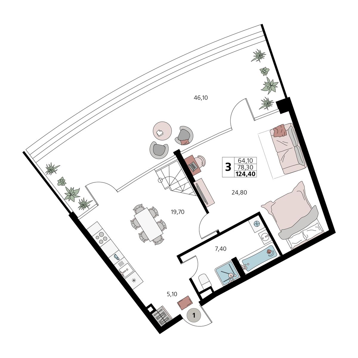 3-к, 124.4 м² · Атлантис